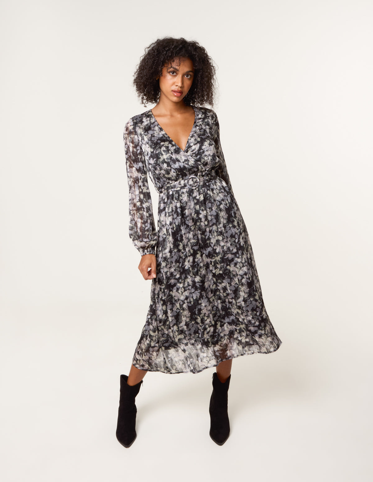 Printed Lurex Buckle Belted Midi Dress - BLACK