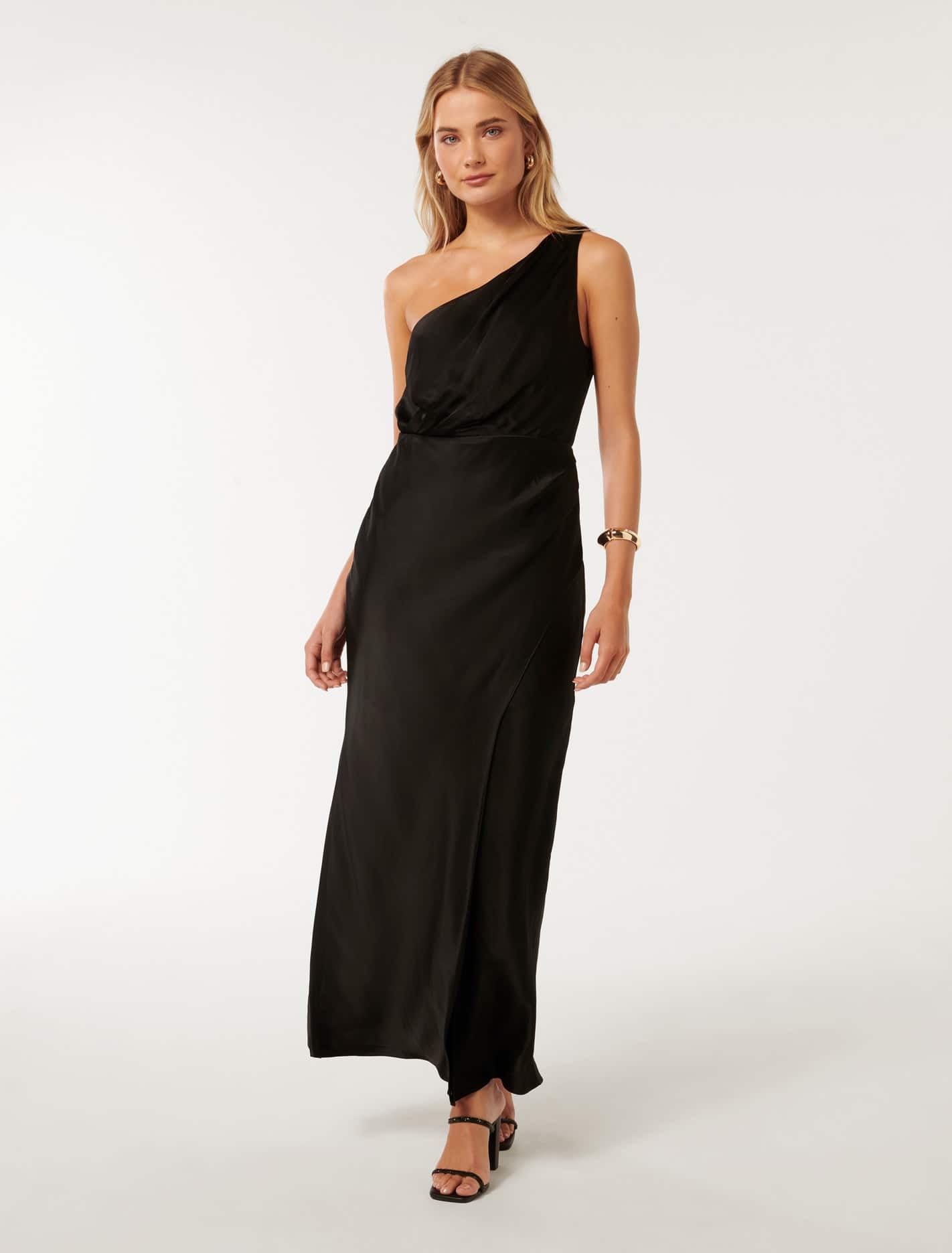 Forever New Women's Emily One-Shoulder Satin Maxi Dress in Black, Size ViscosePolyester