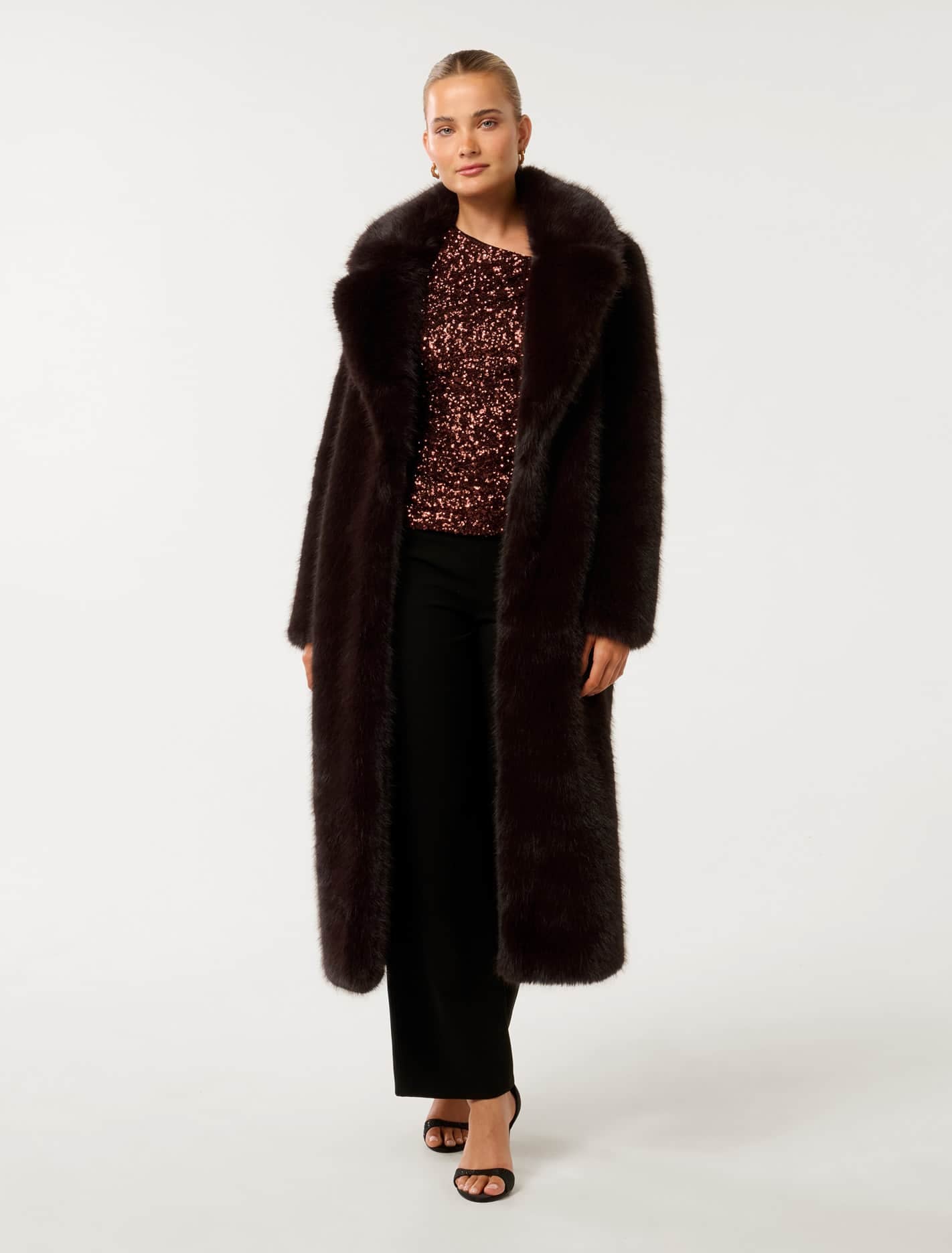 Forever New Women's Hunter Maxi Faux Fur Coat in Dark Chocolate, Size PolyesterElastane