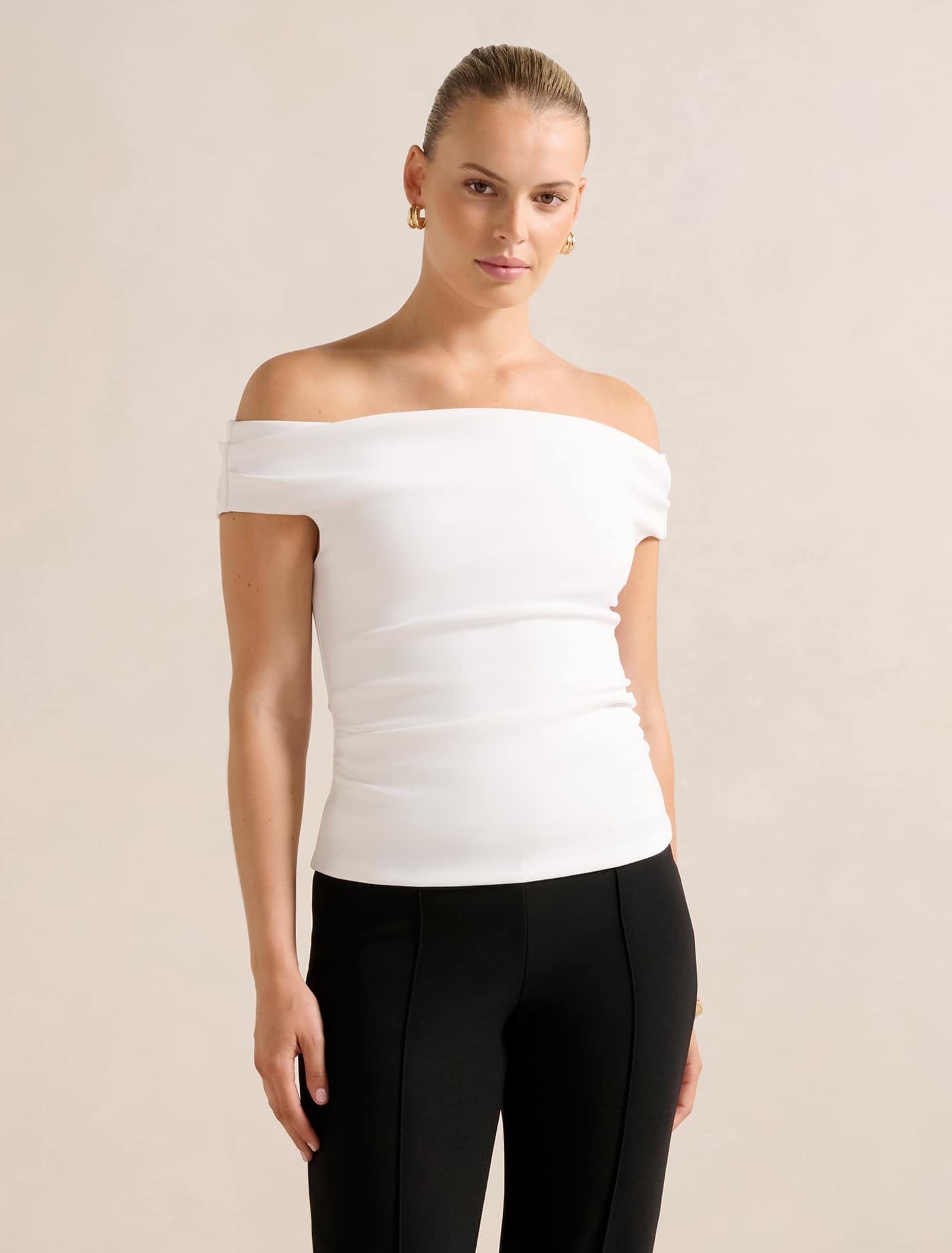Forever New Women's Somer Crepe Bardot Top in Porcelain, Size Small MainPolyester