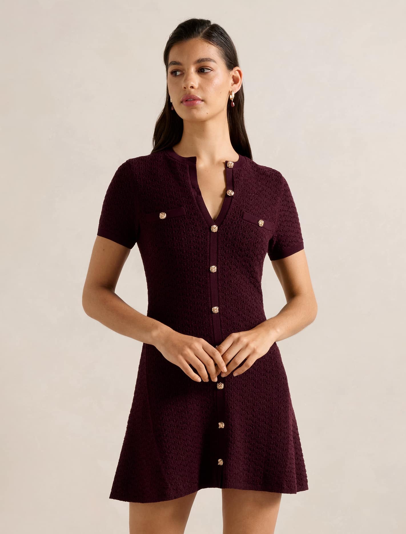 Forever New Women's Rosa Stitch Interest Knit Mini Dress in Berry, Size PolyamideAcrylicViscose