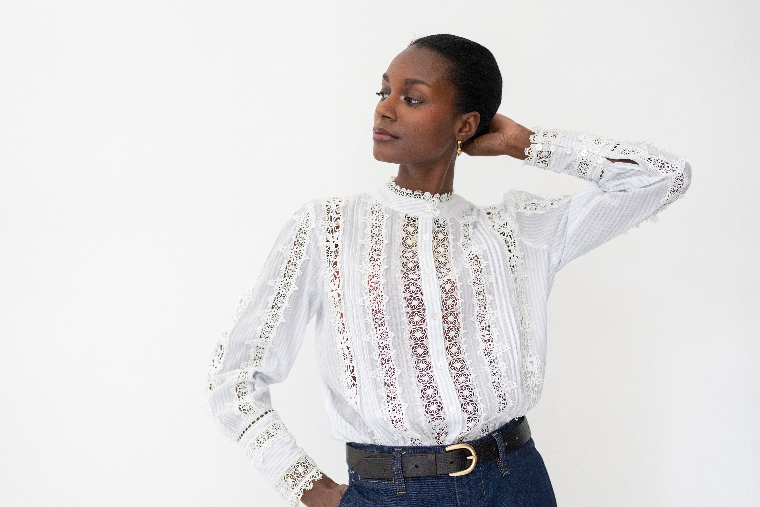 Annalisa Relaxed Fit Lace Blouse in Light Blue Stripe
