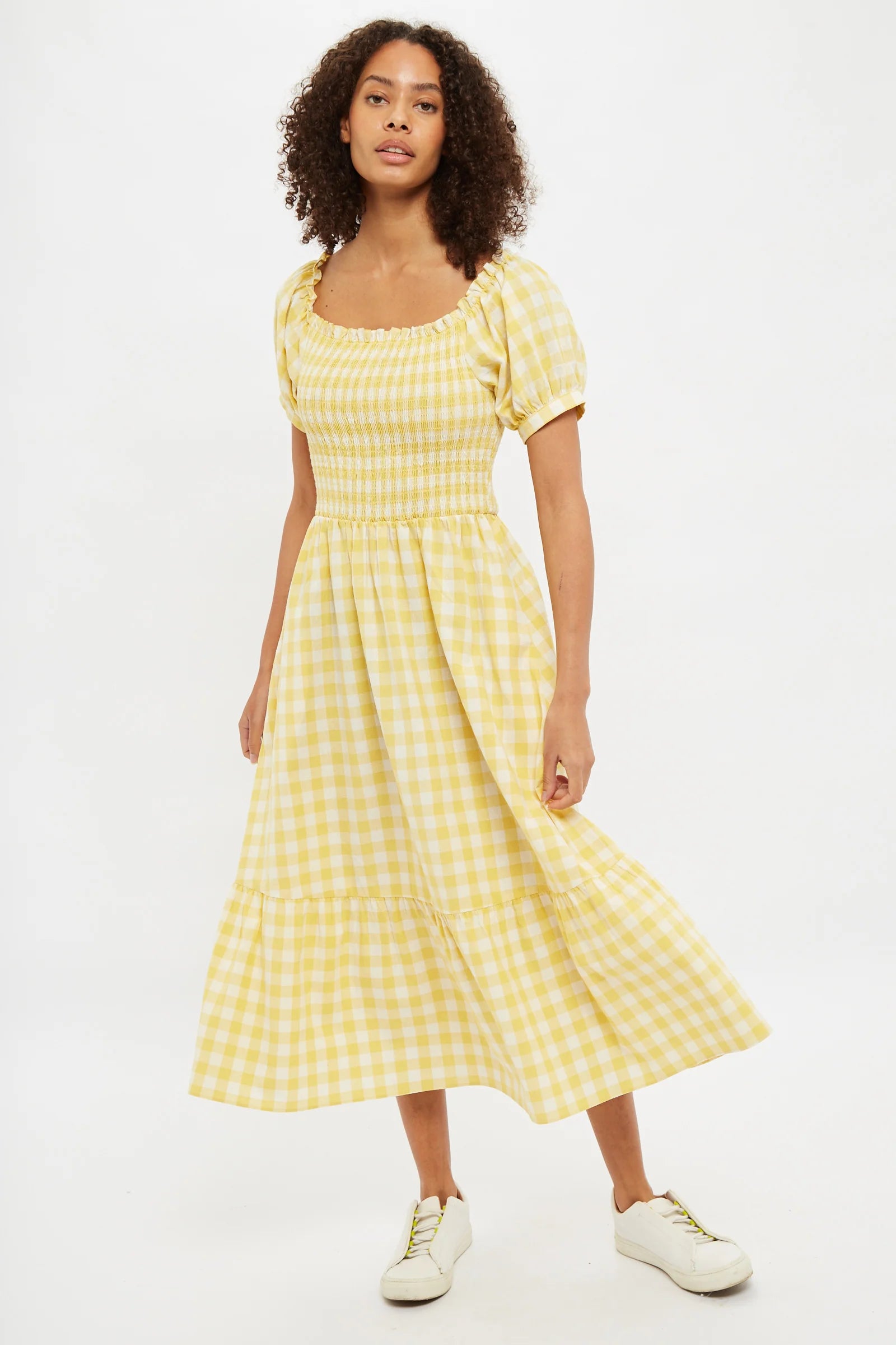 Louche Babette Picnic Checked Shirred Bodice Midi Dress - Yellow