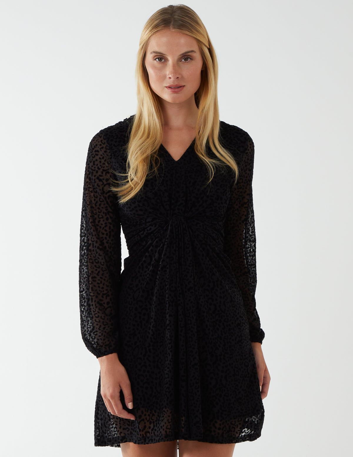 Leopard Print Flocked Knot Front Angel Sleeve Dress - BLACK