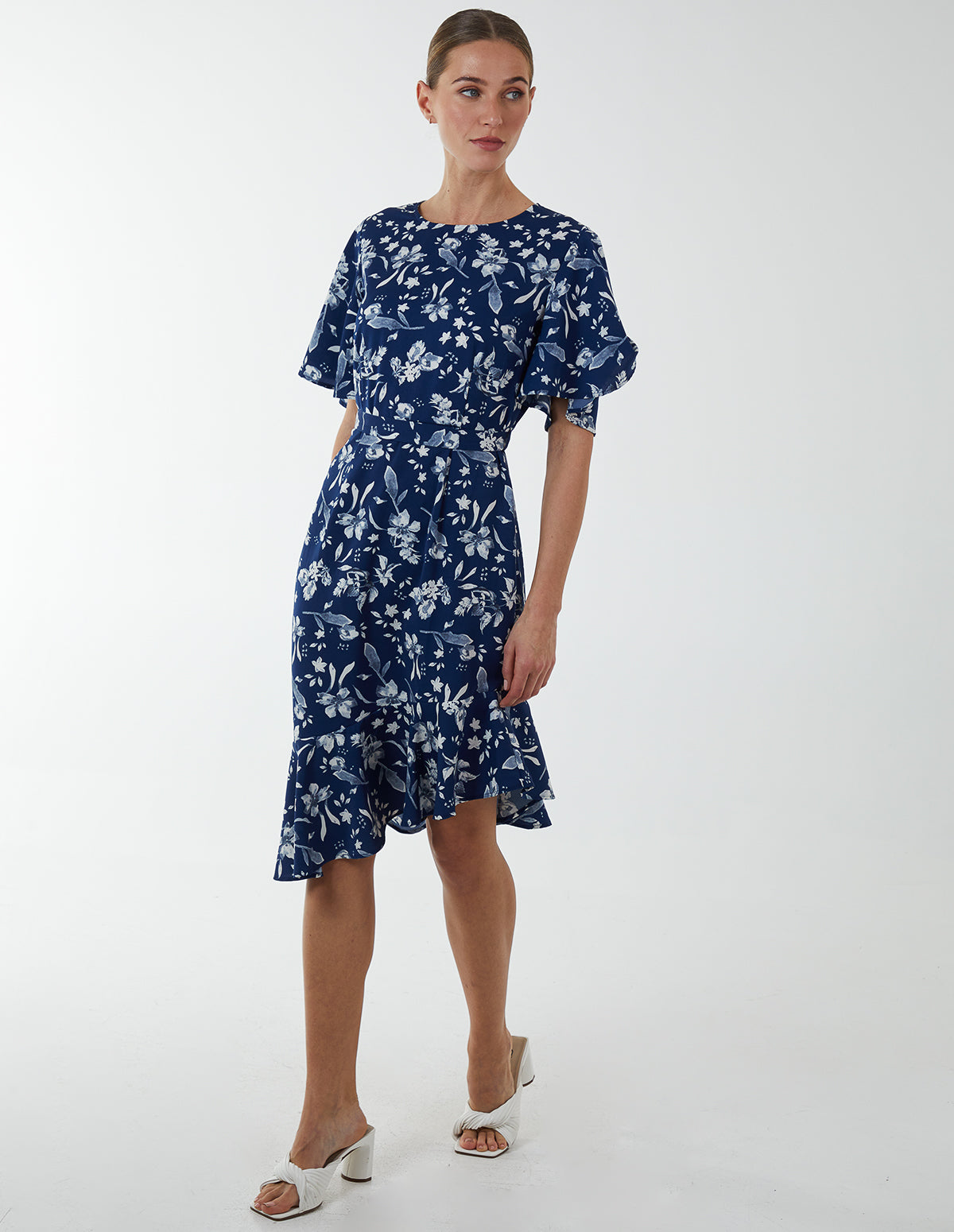 Angel Sleeve Asymmetric Tier Midi Dress - NAVY