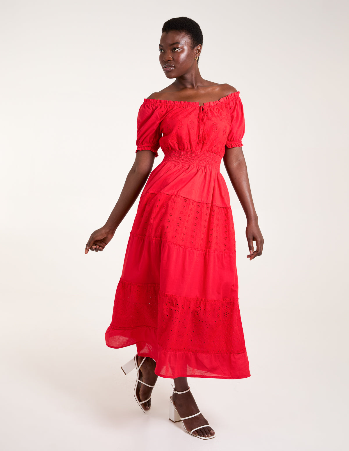 Milkmaid Broderie Tiered Maxi Dress - S RED