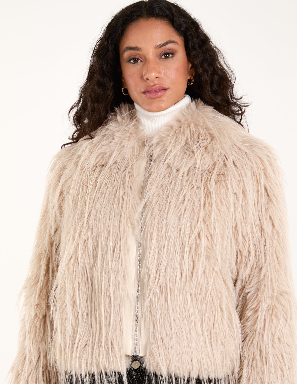 Textured Faux Fur Collar Coat - S BEIGE