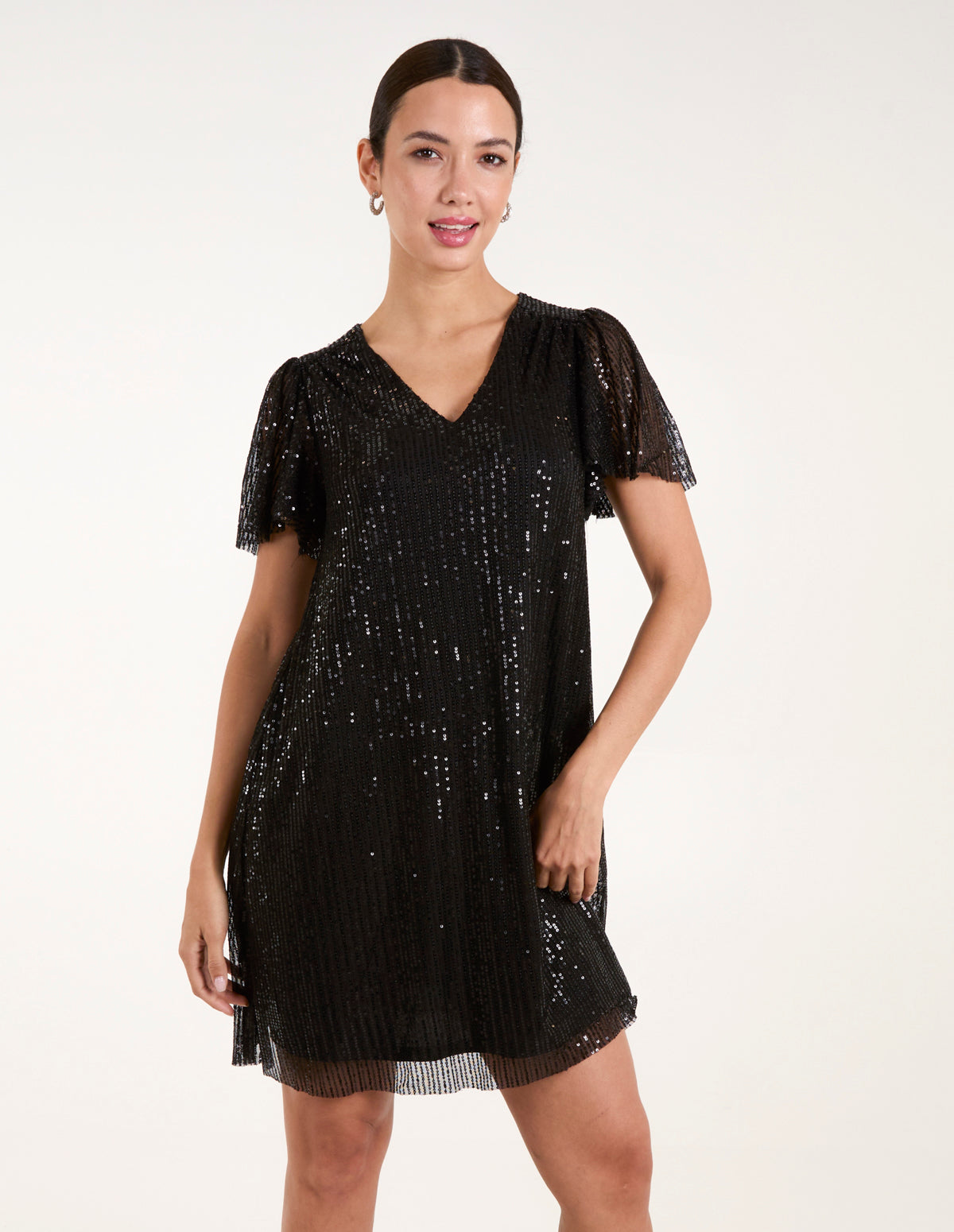 Sequin Flutter Sleeve Dress - S BLACK