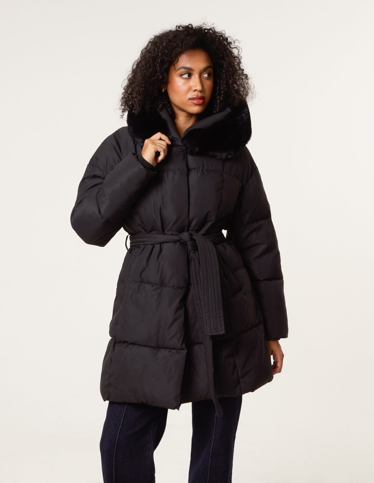 Faux Fur Hood Puffer Coat - S BLACK