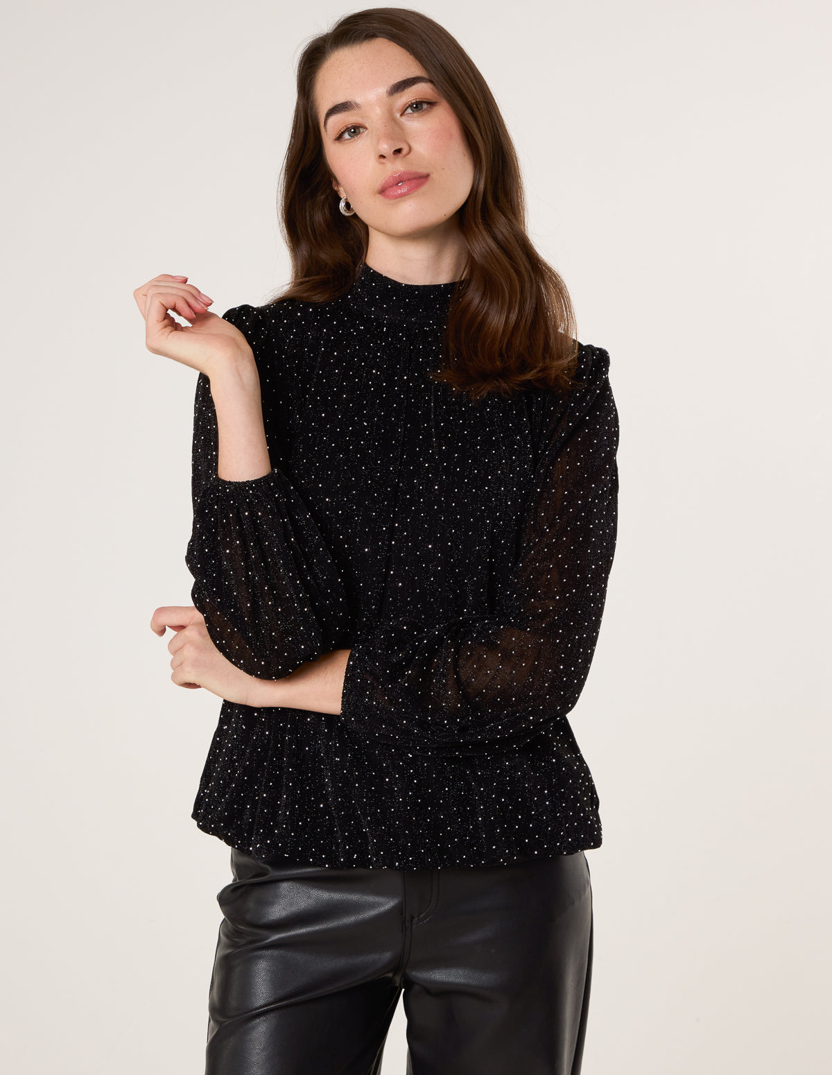Rhinestone Shoulder Pad Puffball Blouse - L BLACK