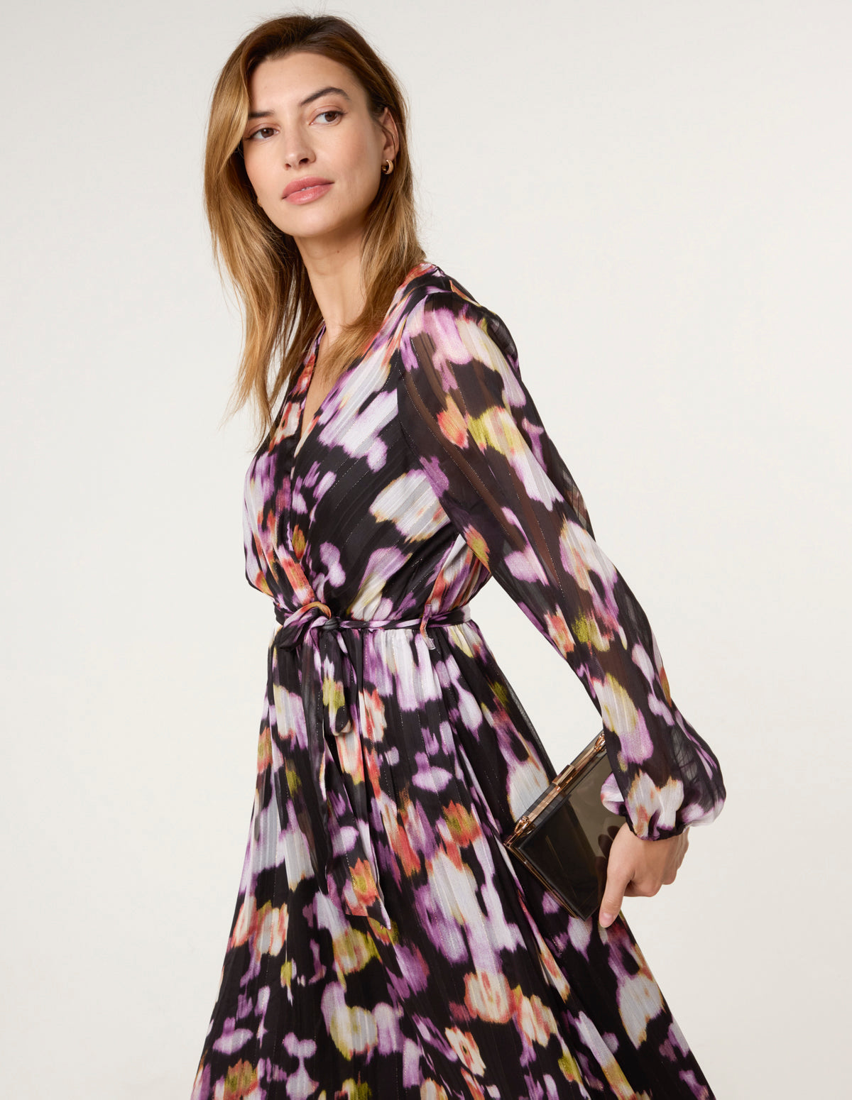 Lurex Watercolour Wrap Maxi Dress - L BLACK PATTERN