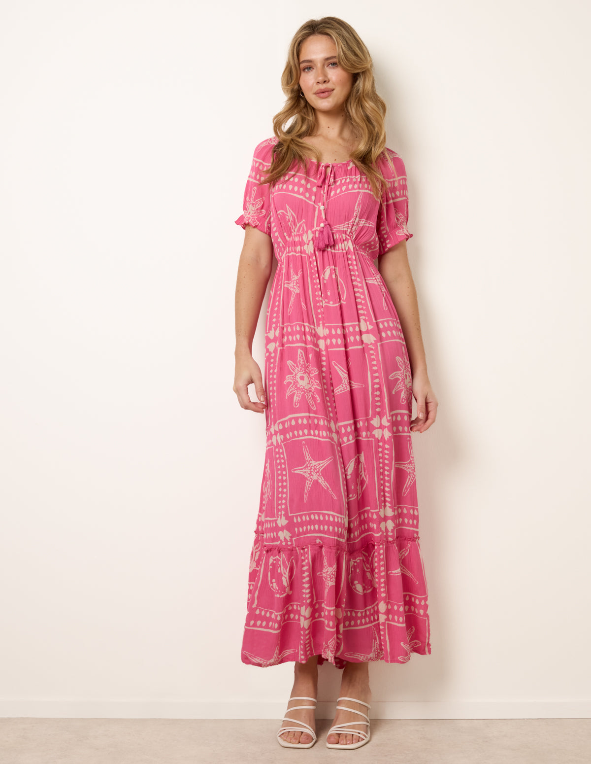 Starfish Print Tie Front Maxi Dress - L PINK