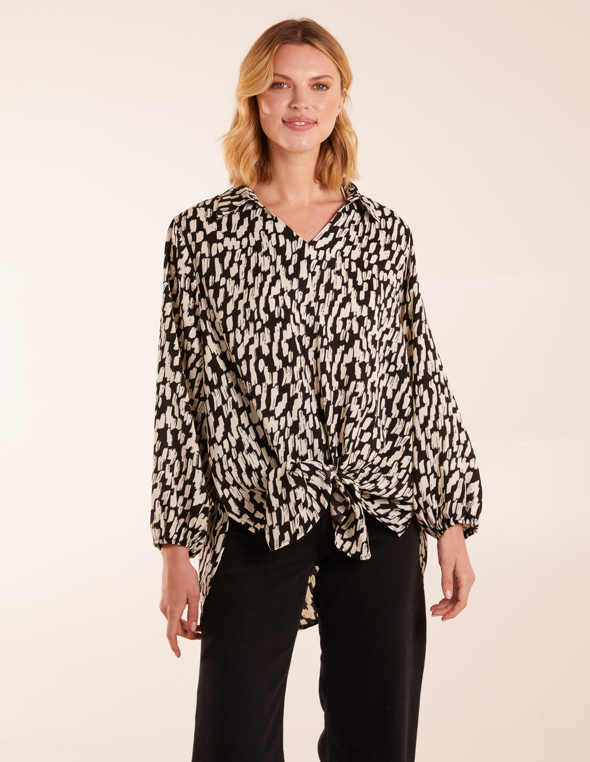 High Low Hem Tie Knot Blouse - SM BLACKWHITE