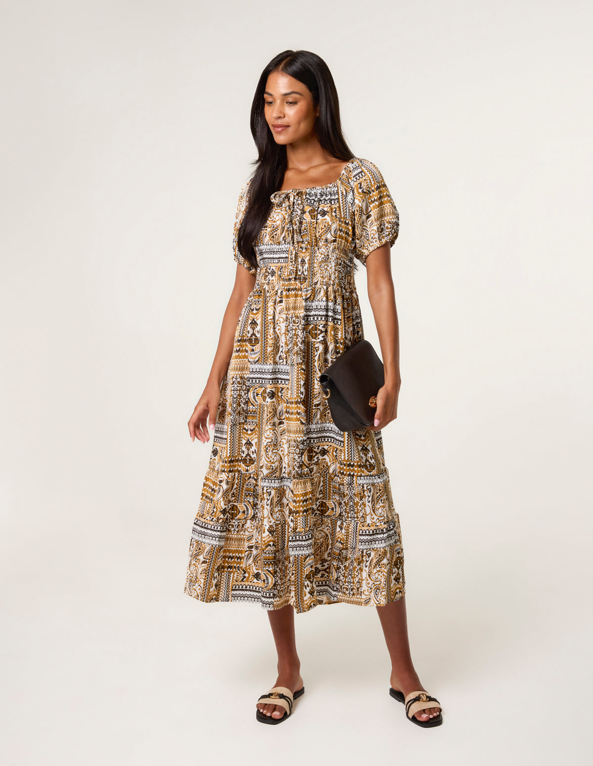 Scoop Neck Paisley Dress - M YELLOW