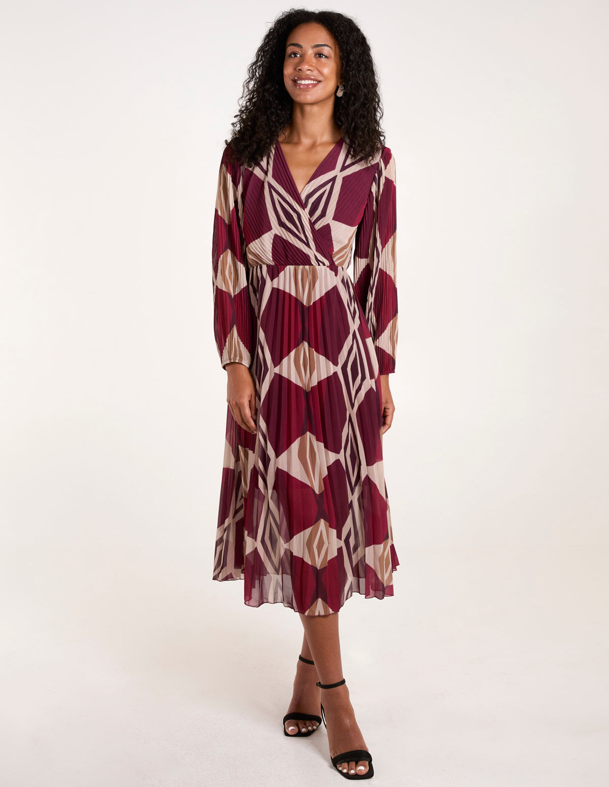 Wrap Front Pleated Geometric Midi Dress - ML WINE