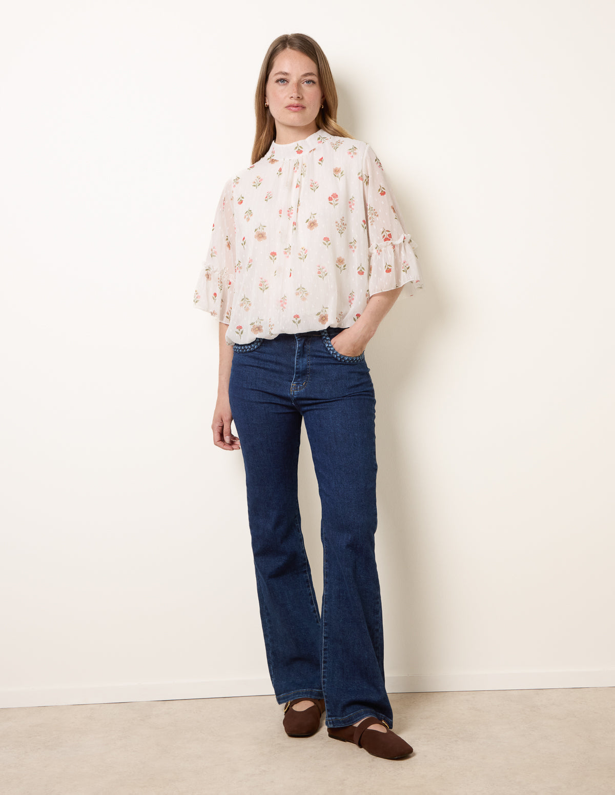 High Neck Frill Sleeve Dobby Floral Print Puffball Blouse - ML CREAMMULTI