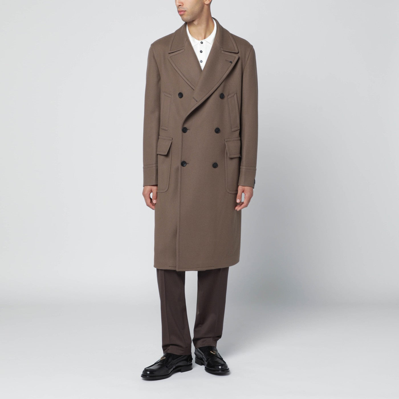 Taupe double-breasted wool-blend coat