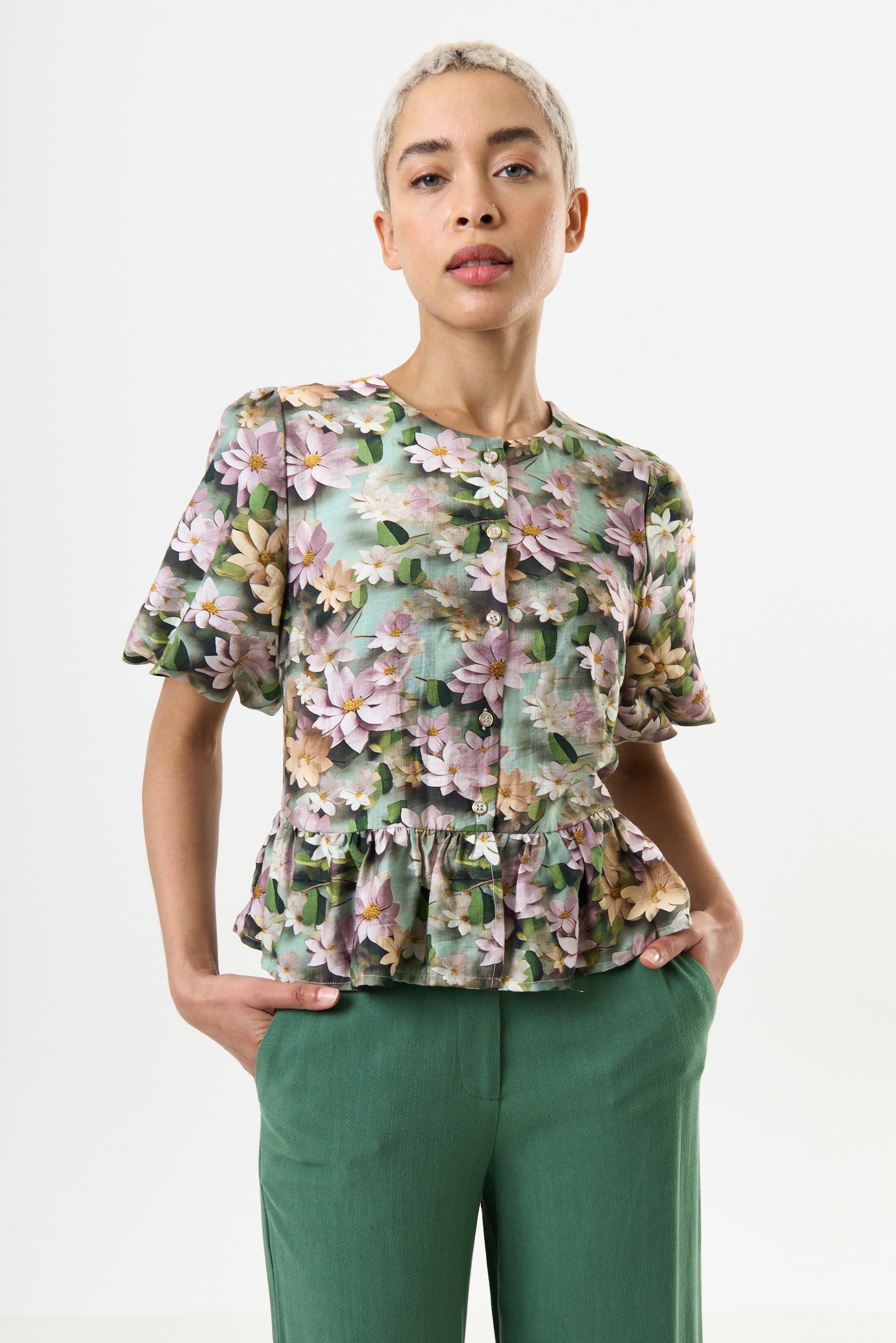 Camile D Daisy Print Peplum Blouse - Green