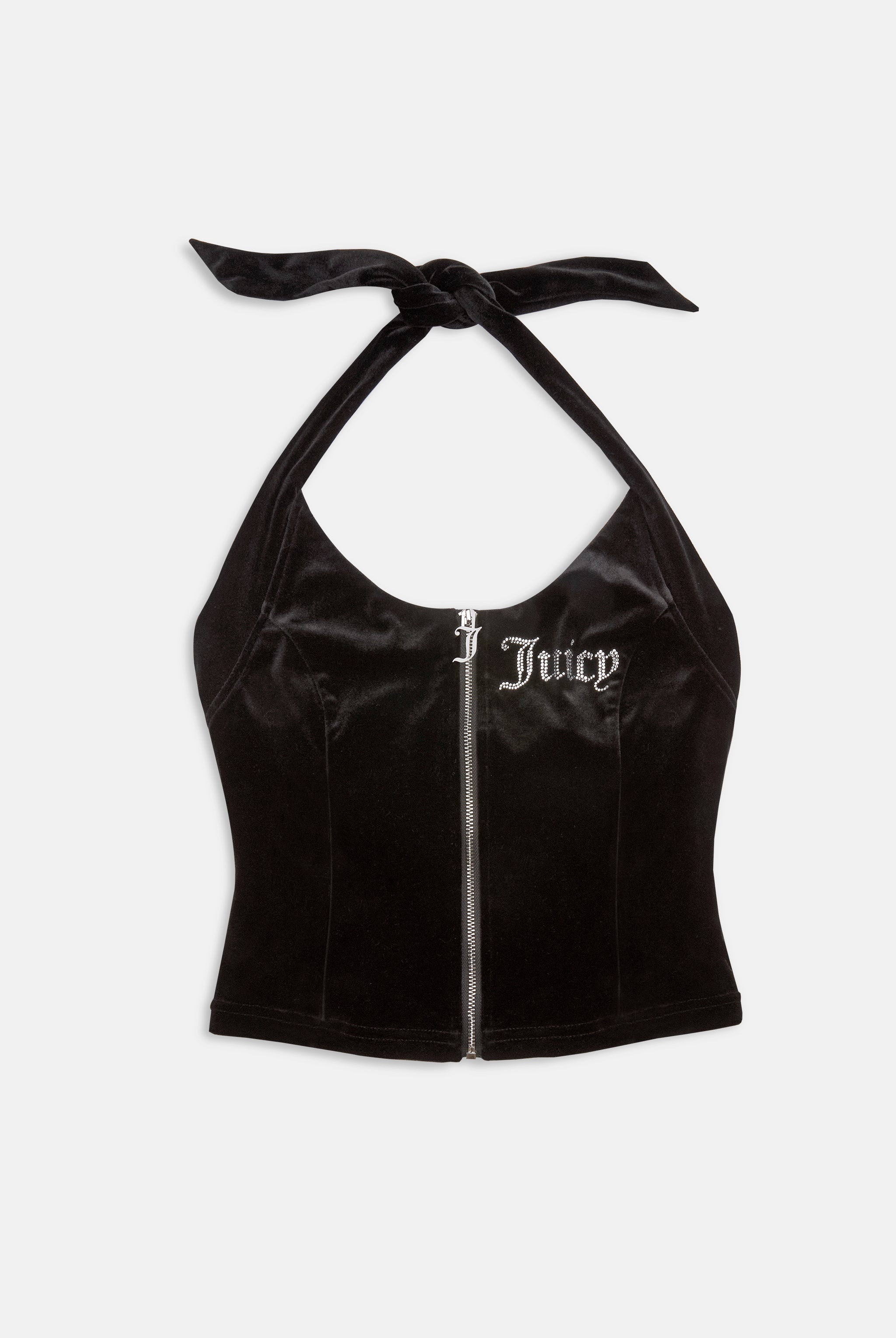BLACK CLASSIC VELOUR ZIP UP HALTER NECK TOP - Black