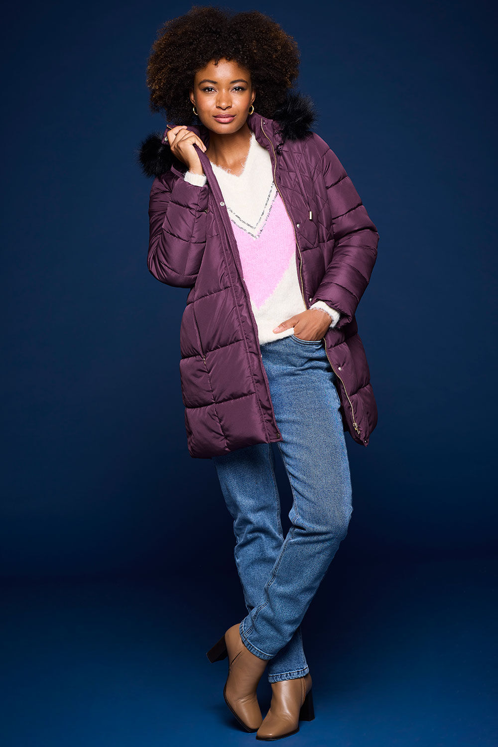 Bonmarche Dark Purple Longline Padded Coat With Faux Fur Hood, Size: