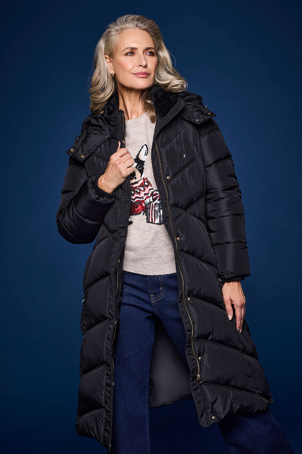 Bonmarche Black Longline Padded Coat With Hood, Size: