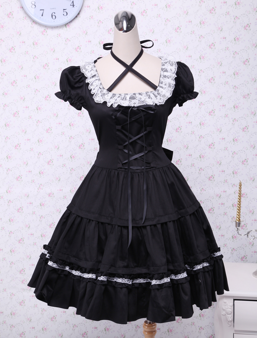 Cotton Black Lolita OP Dress Short Sleeves with Lace up and White Lace Trim