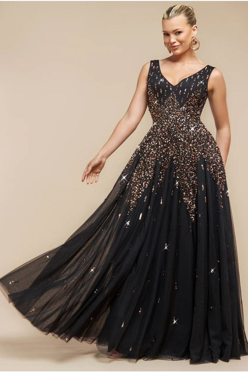Goddiva Sunray Hand Embellished Sequin A-Line Sleeveless Maxi Dress