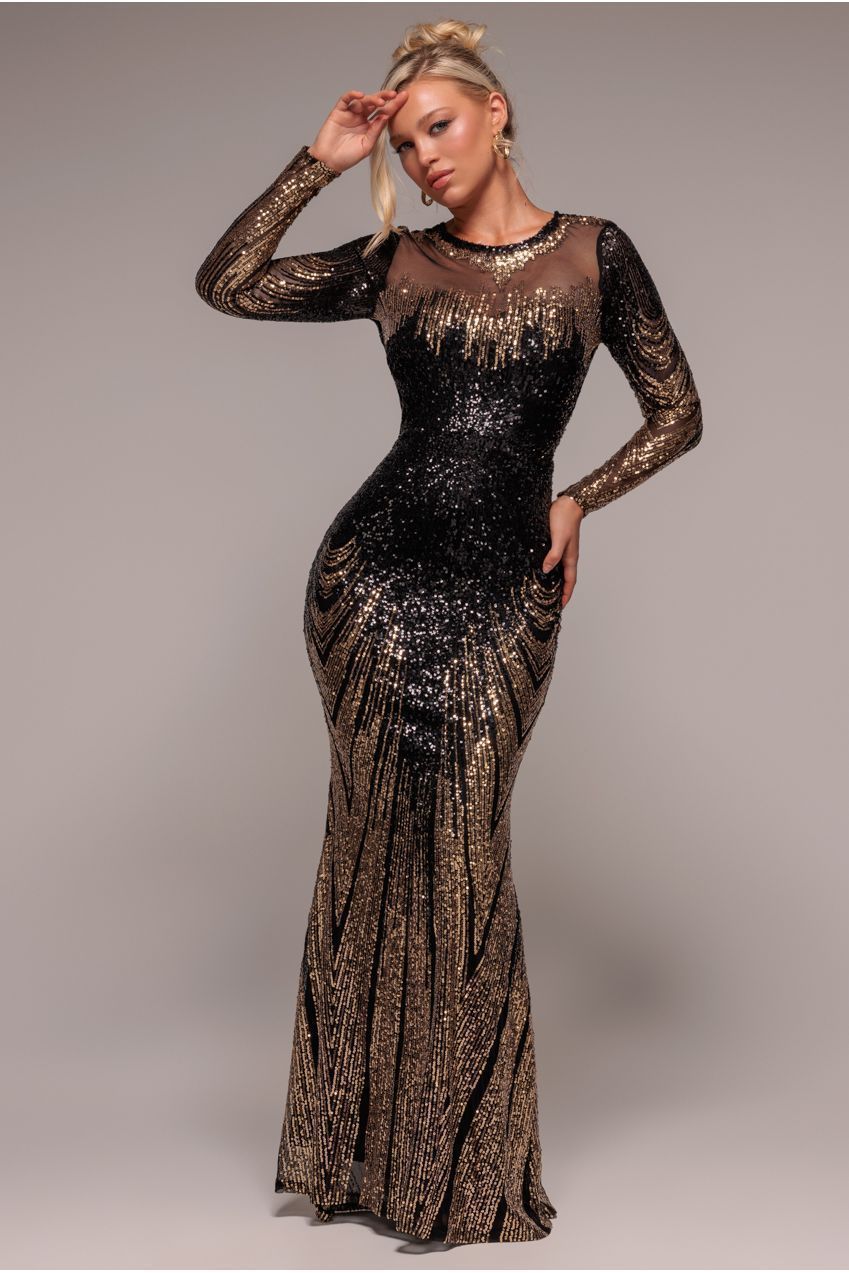 Goddiva Long Sleeve Aztec Sequin Maxi Dress