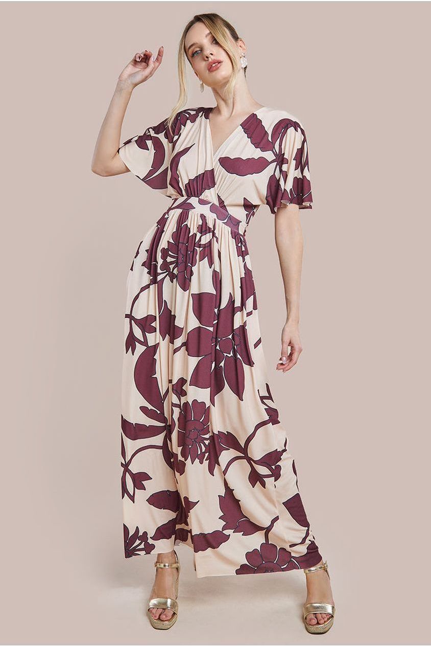 Goddiva Leaf Print Flutter Sleeve Maxi Dress