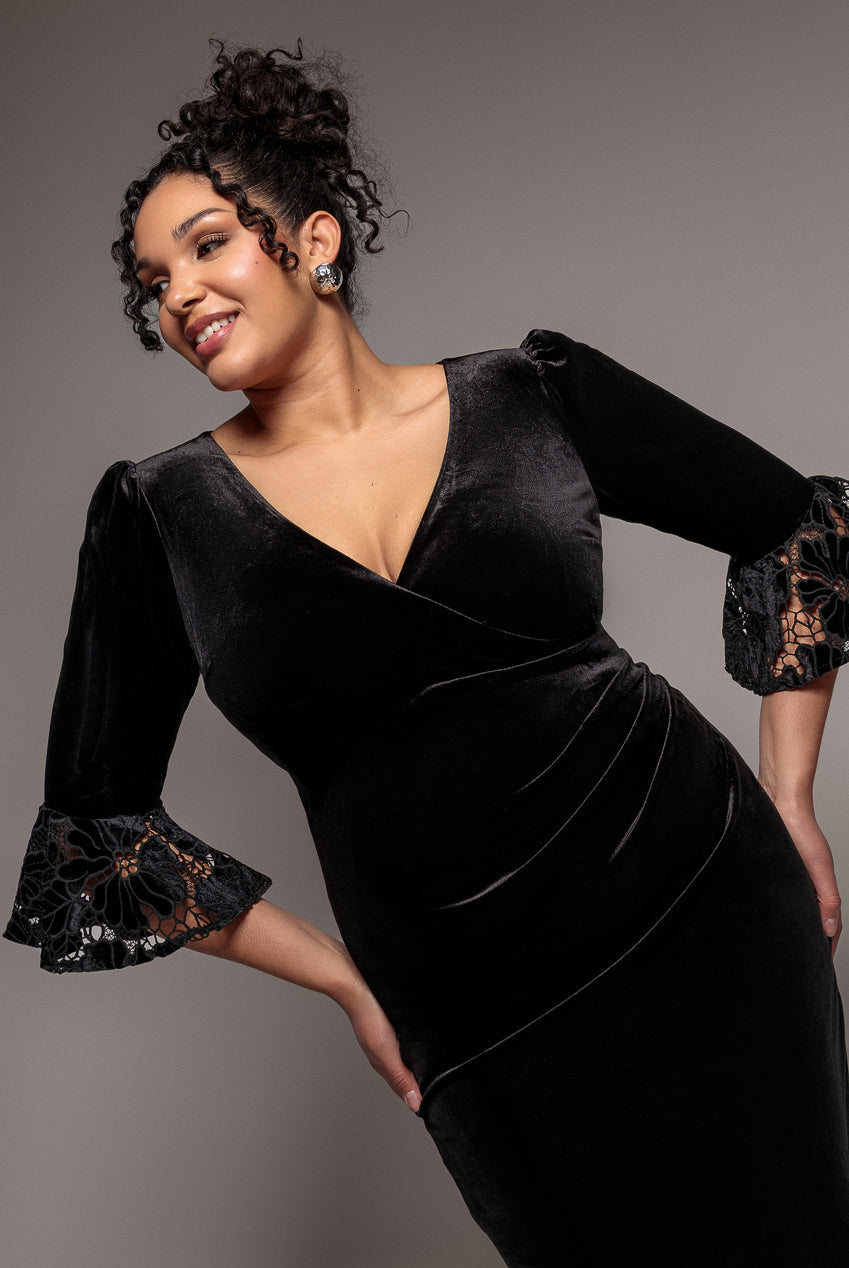 Goddiva Plus Crochet Velvet Wrap Midi Dress