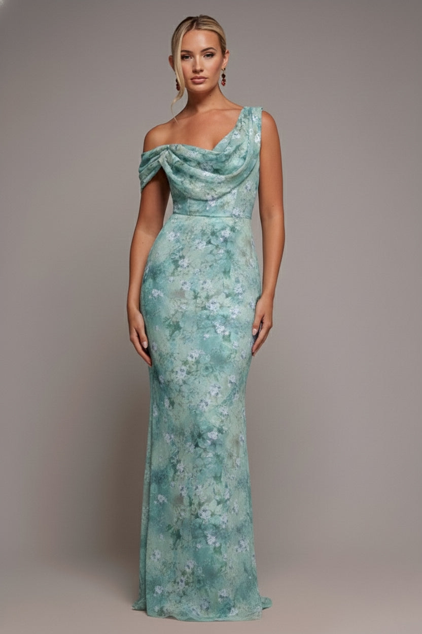 Goddiva One Shoulder Cowl Neck Chiffon Floral Maxi Dress