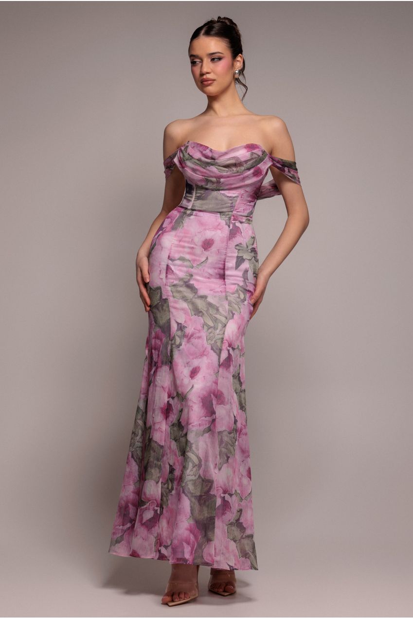 Goddiva Cowl Neck Floral Print Jacquard Chiffon Maxi Dress