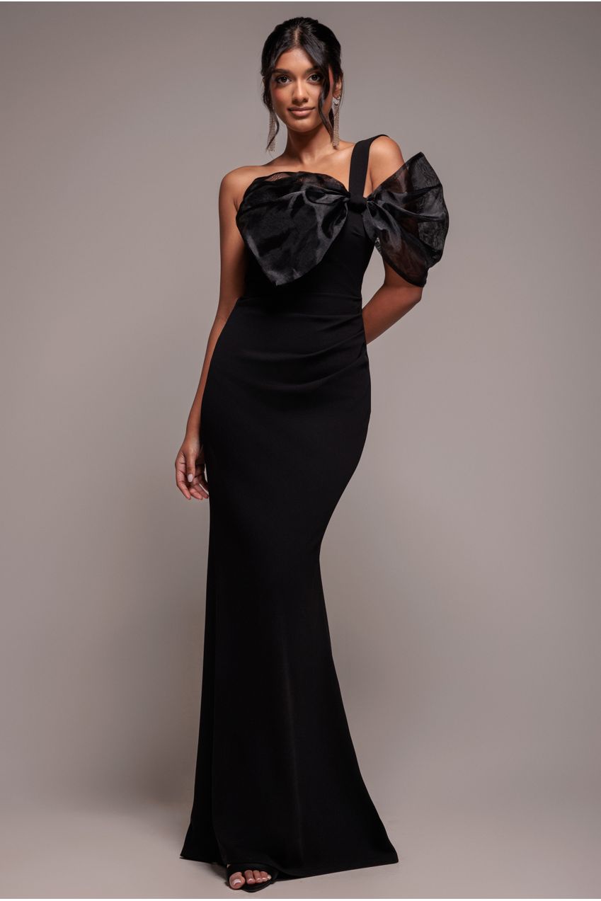 Goddiva Organza Bow One Shoulder Scuba Crepe Maxi Dress