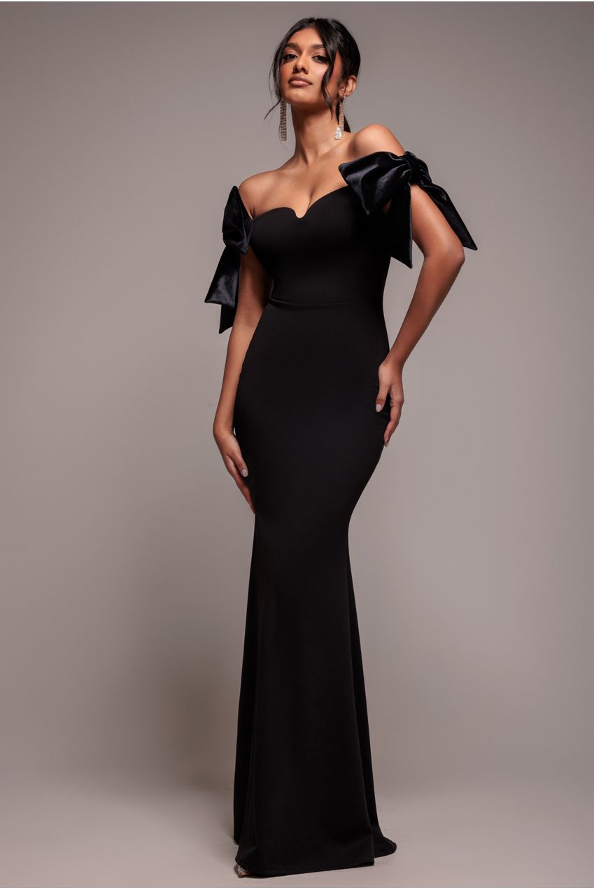 Goddiva Scuba Off The Shoulder Velvet Bow Maxi Dress