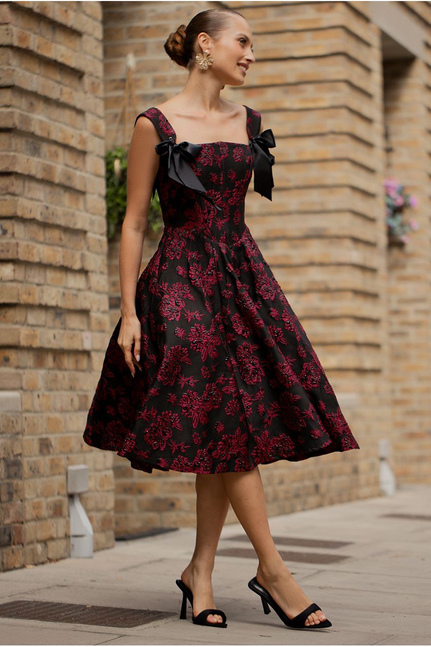Goddiva Jacquard Multiway Bow Strap Skater Midi Dress