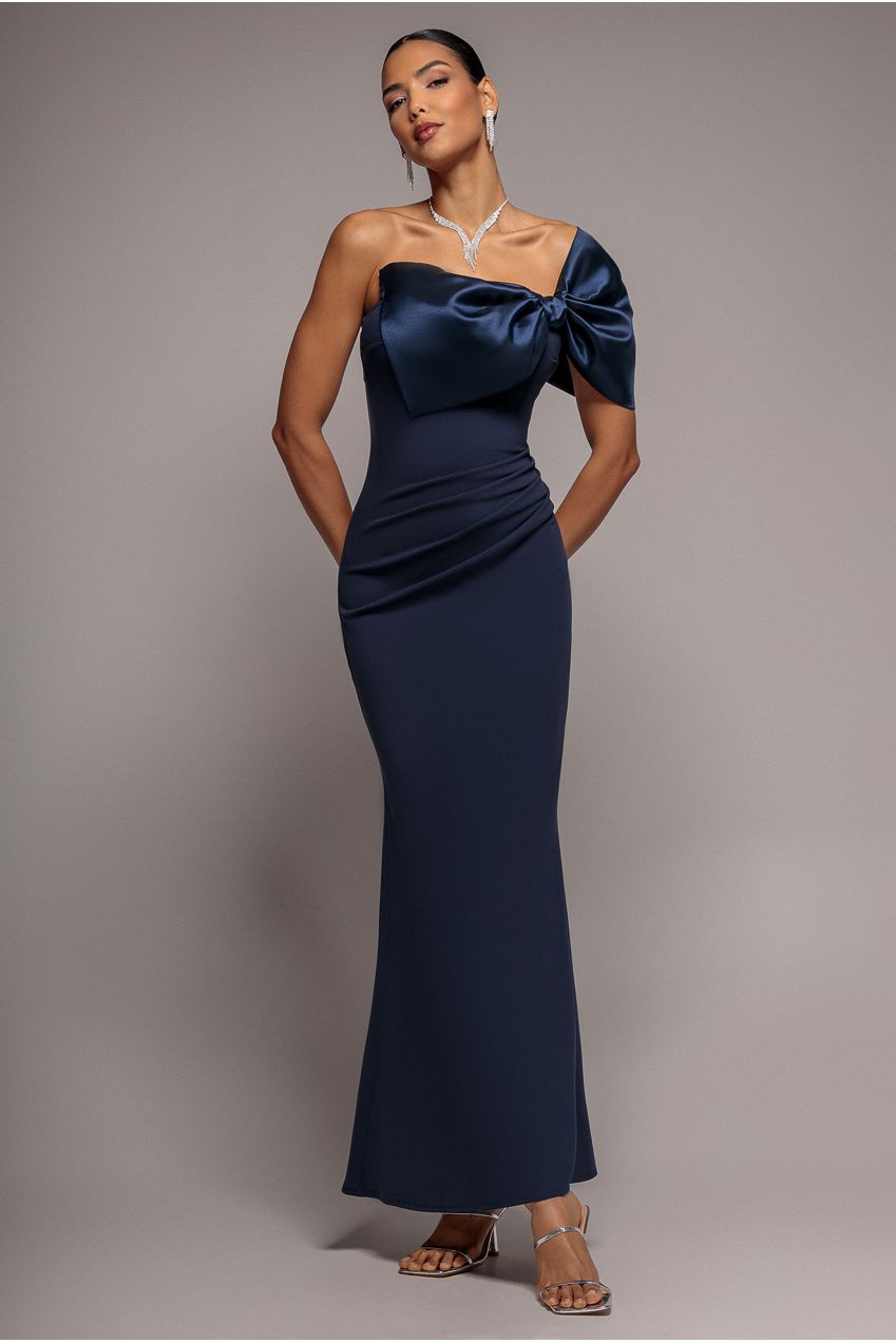 Goddiva Off The Shoulder Satin Bow Neck Maxi Dress