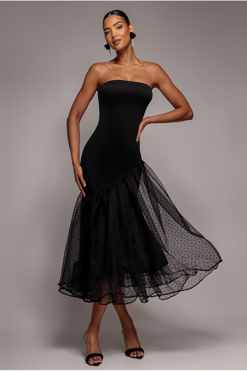 Goddiva Strapless Asymmetric Tiered Midaxi Dress