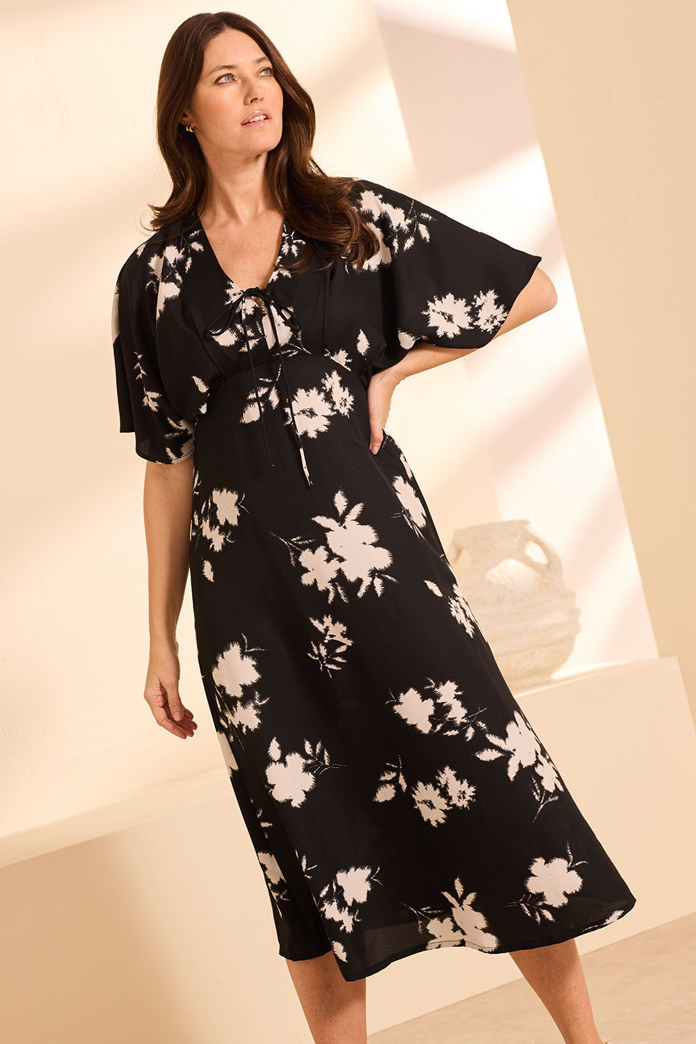 Bonmarche Black Floral Batwing Tie Front Dress, Size: