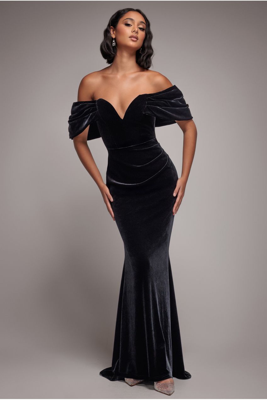 Goddiva Off The Shoulder Deep Plunge Velvet Maxi Dress