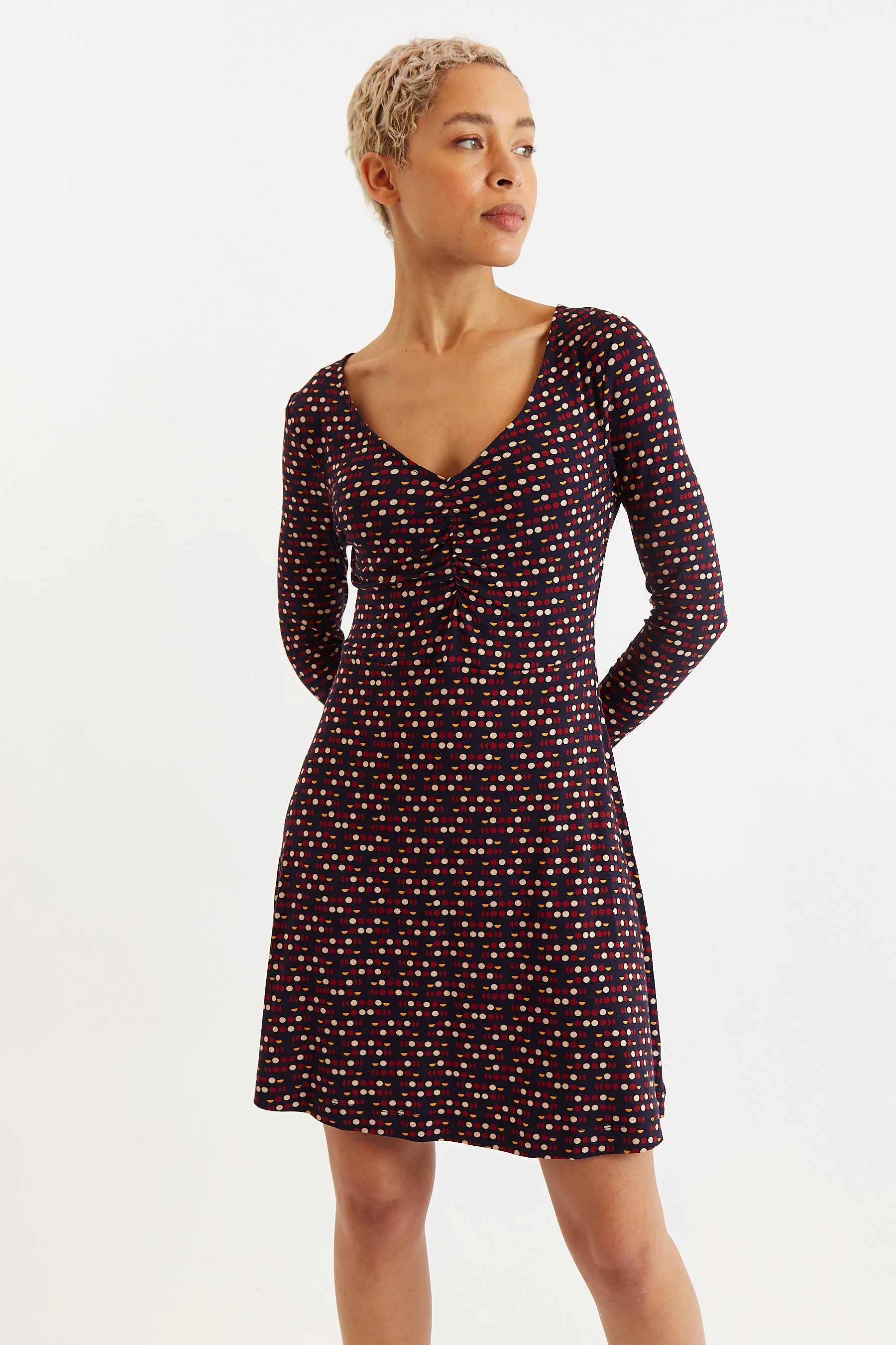 Jona Retro Dots Print Long Sleeve Mini Dress - RedNavy