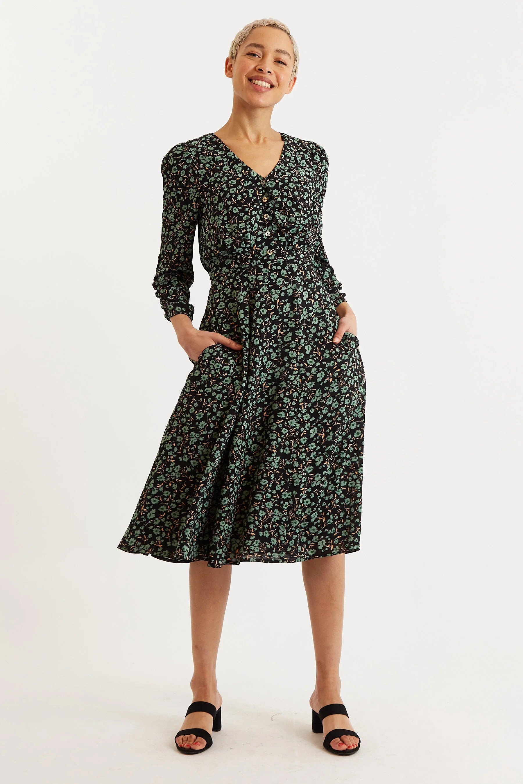 Kathlyn Fleur Vert Print Long Sleeve Midi Dress - BlackGreen