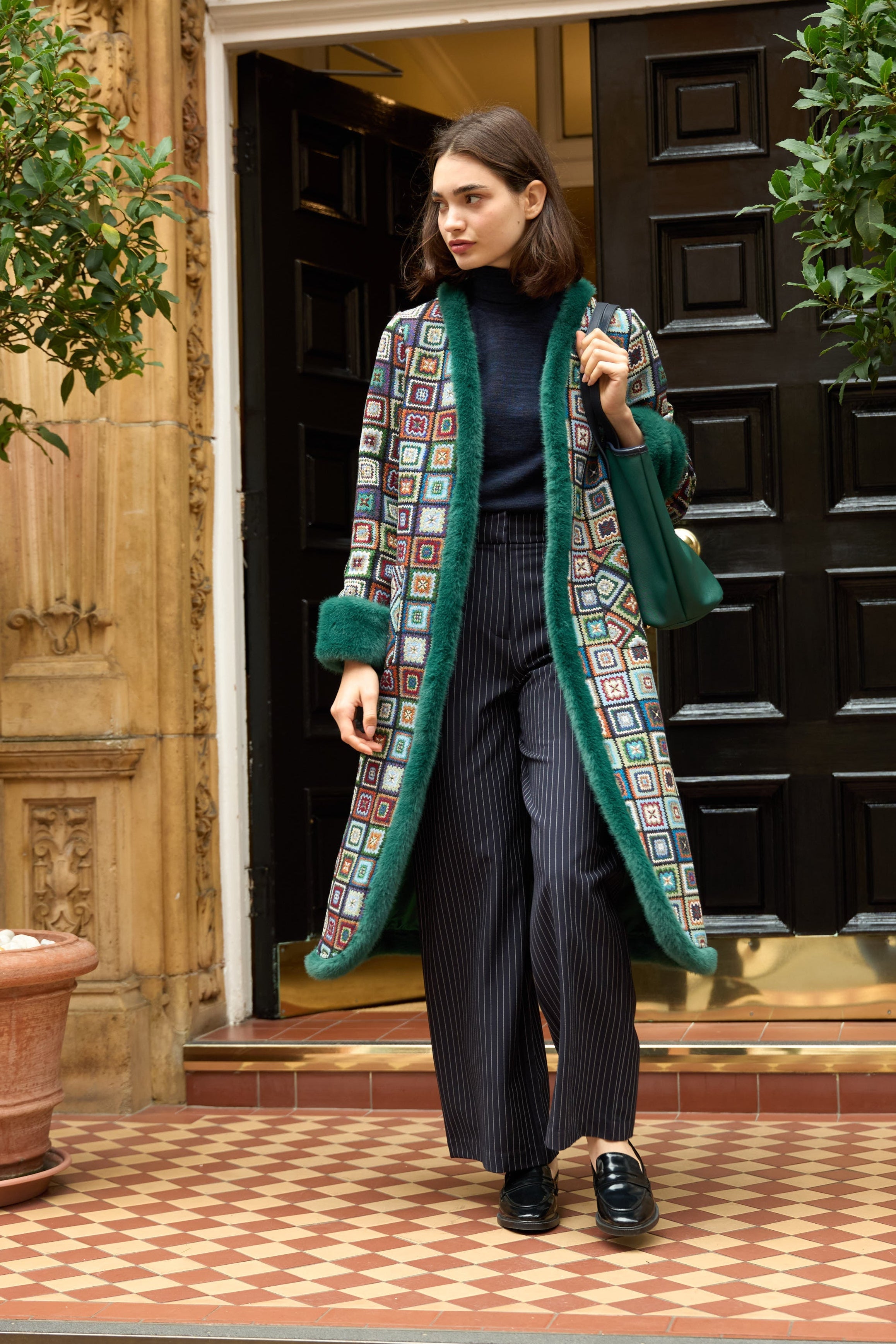 Delphia 'S Patch Jacquard Fur Trim Coat Multicoloured