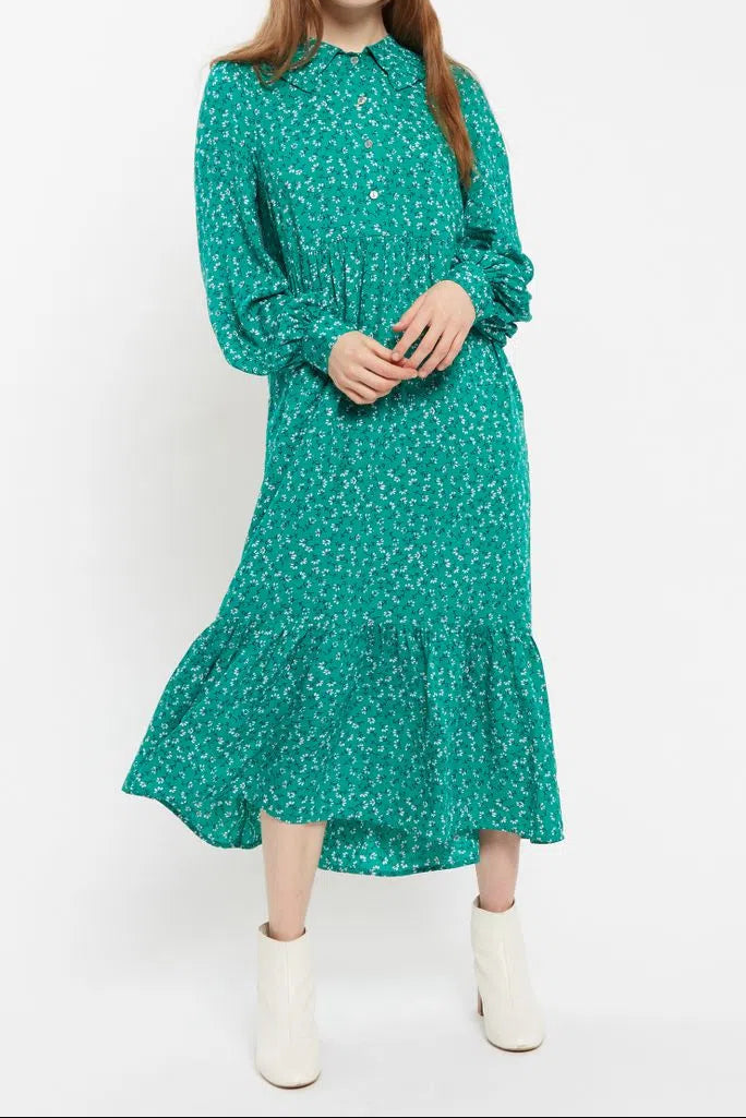 Louche Lif Naive Ditsy Print Tiered Long Sleeve Midi Dress - Teal