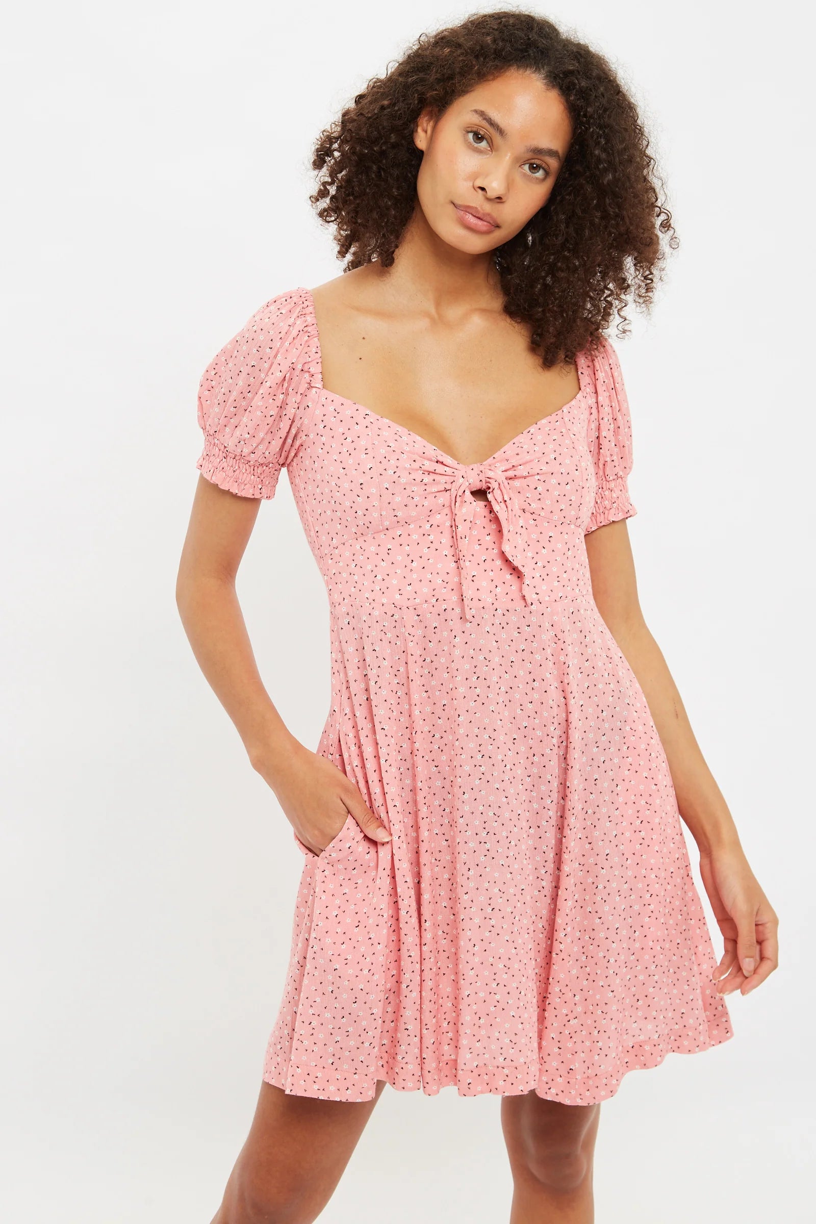 Luiza Teeny Flower Bud Tie Front Short Sleeve Tea Dress - Pink
