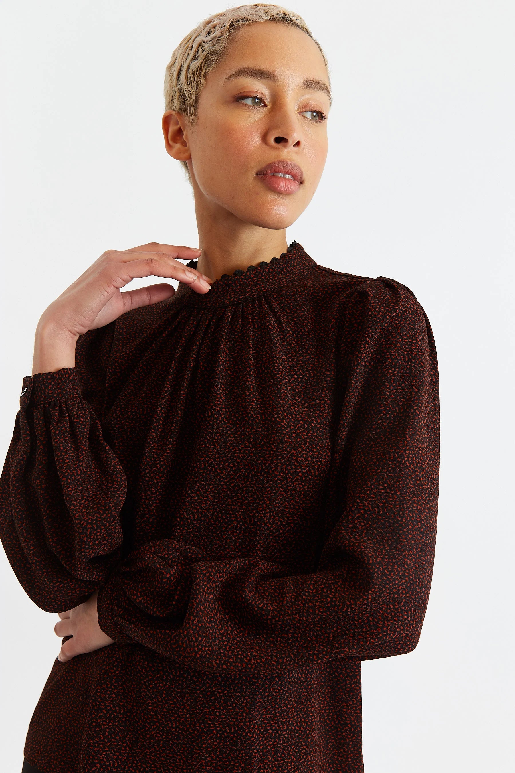 Luna Freckle Print Long Sleeve Blouse - RedBlack