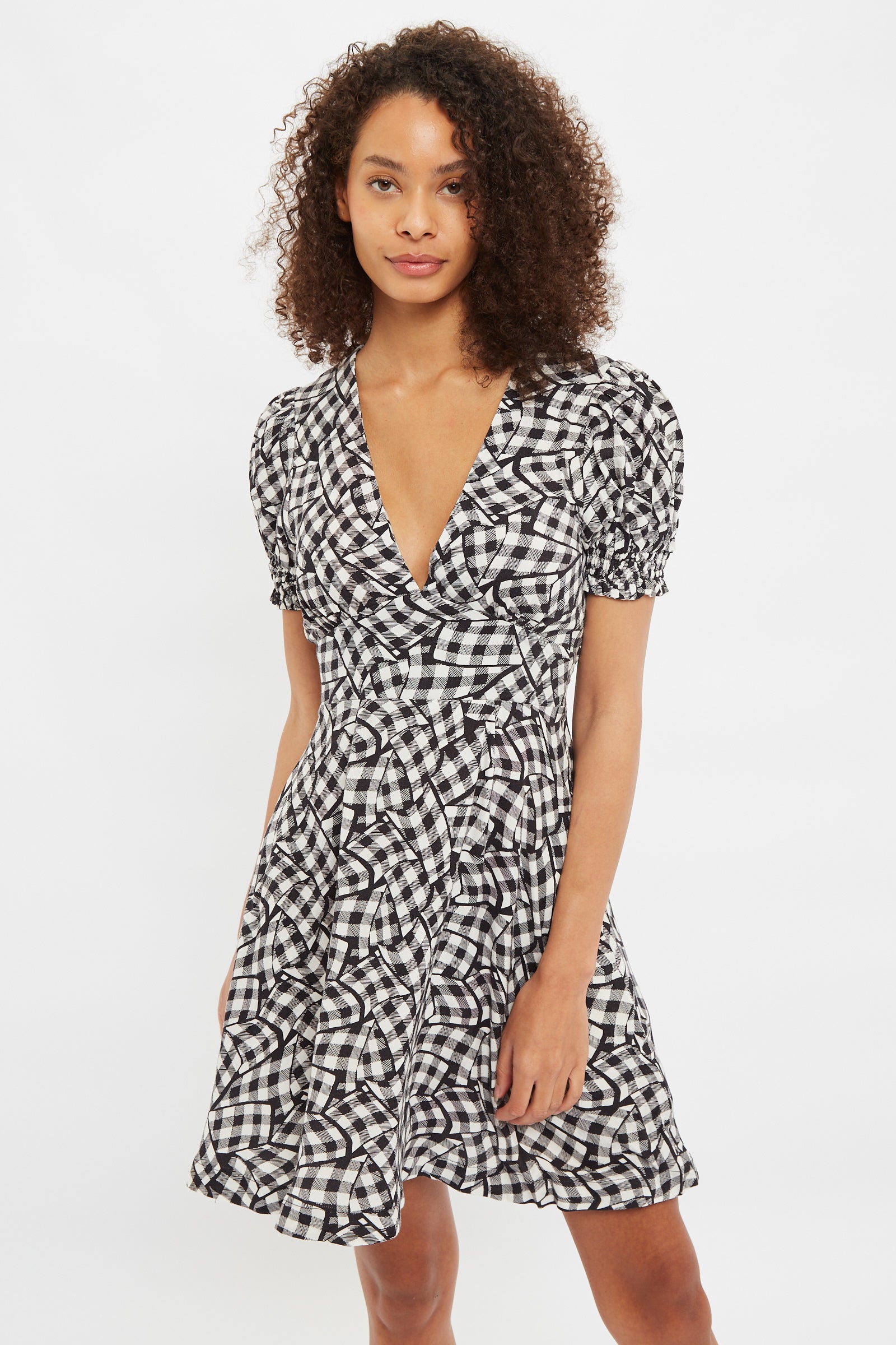 Louche Merle Gingham Twist Print V Neck Mini Tea Dress - BlackWhite