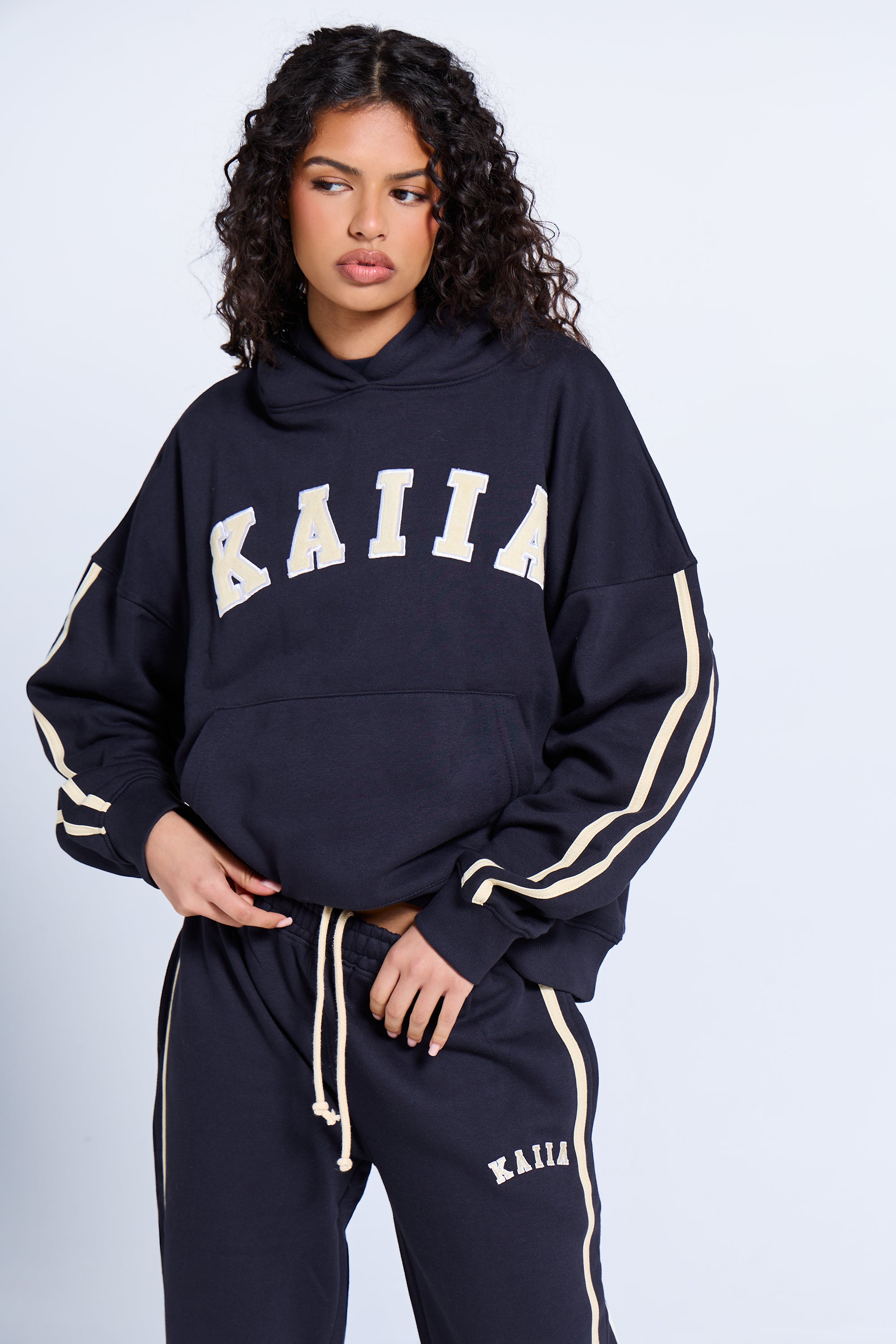 Kaiia Slogan Side Stripe Oversized Hoodie Ink Blue & Soft Yellow
