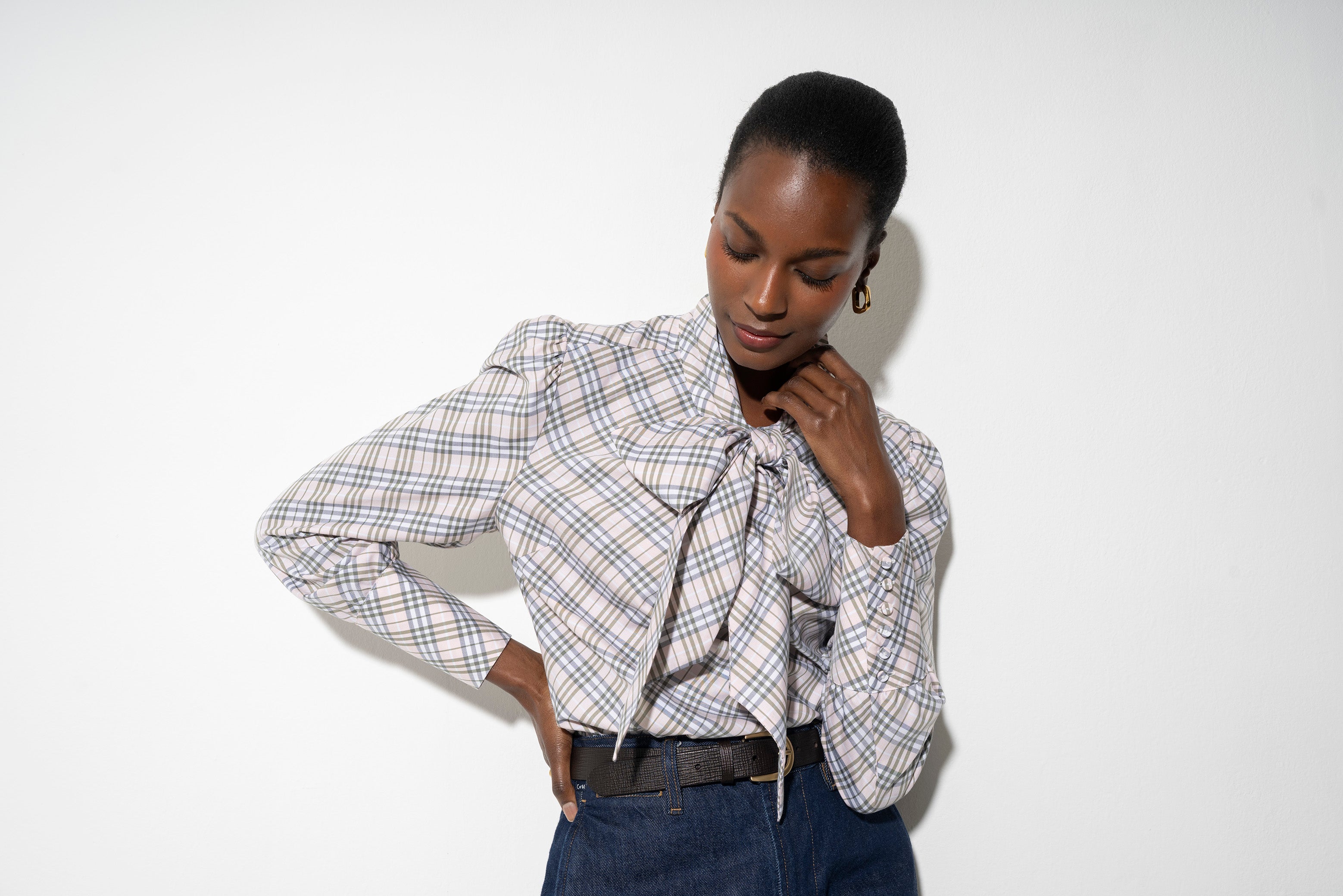 Mathilde Relaxed Fit Tie Collar Blouse In Pink Heritage Check Cotton Flannel