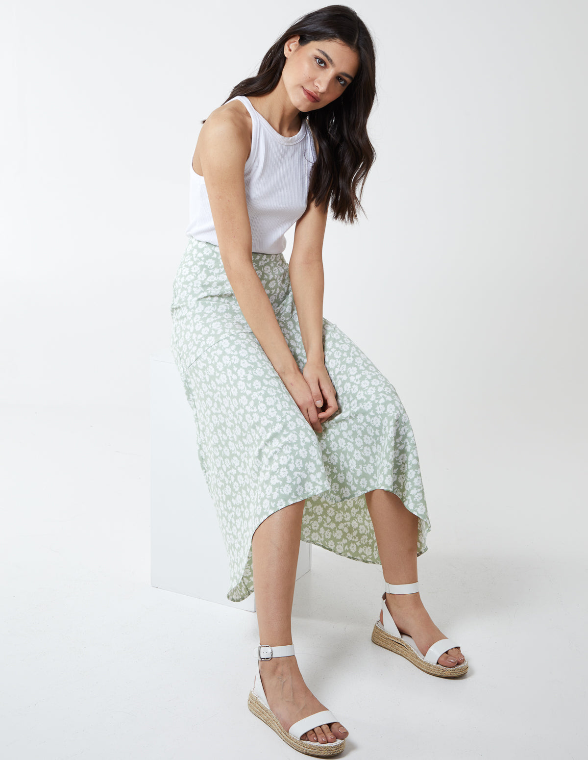 Floral Print Asymmetric Midi Skirt - SAGE
