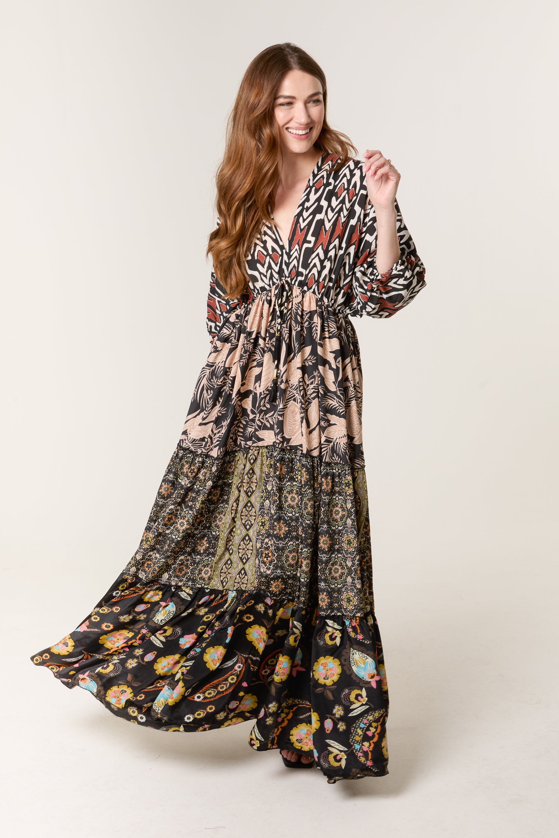 Mixed Print Double V Neck Dress - ONE BLACK